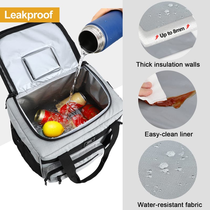 MIER Leakproof Insulated Cooler Lunch Bag for Adult Men Women 30 Can Cooler Bag with Top Flip Lid, 18L, Multiple Pockets (Grey-No Luggage Strap) - Image 2